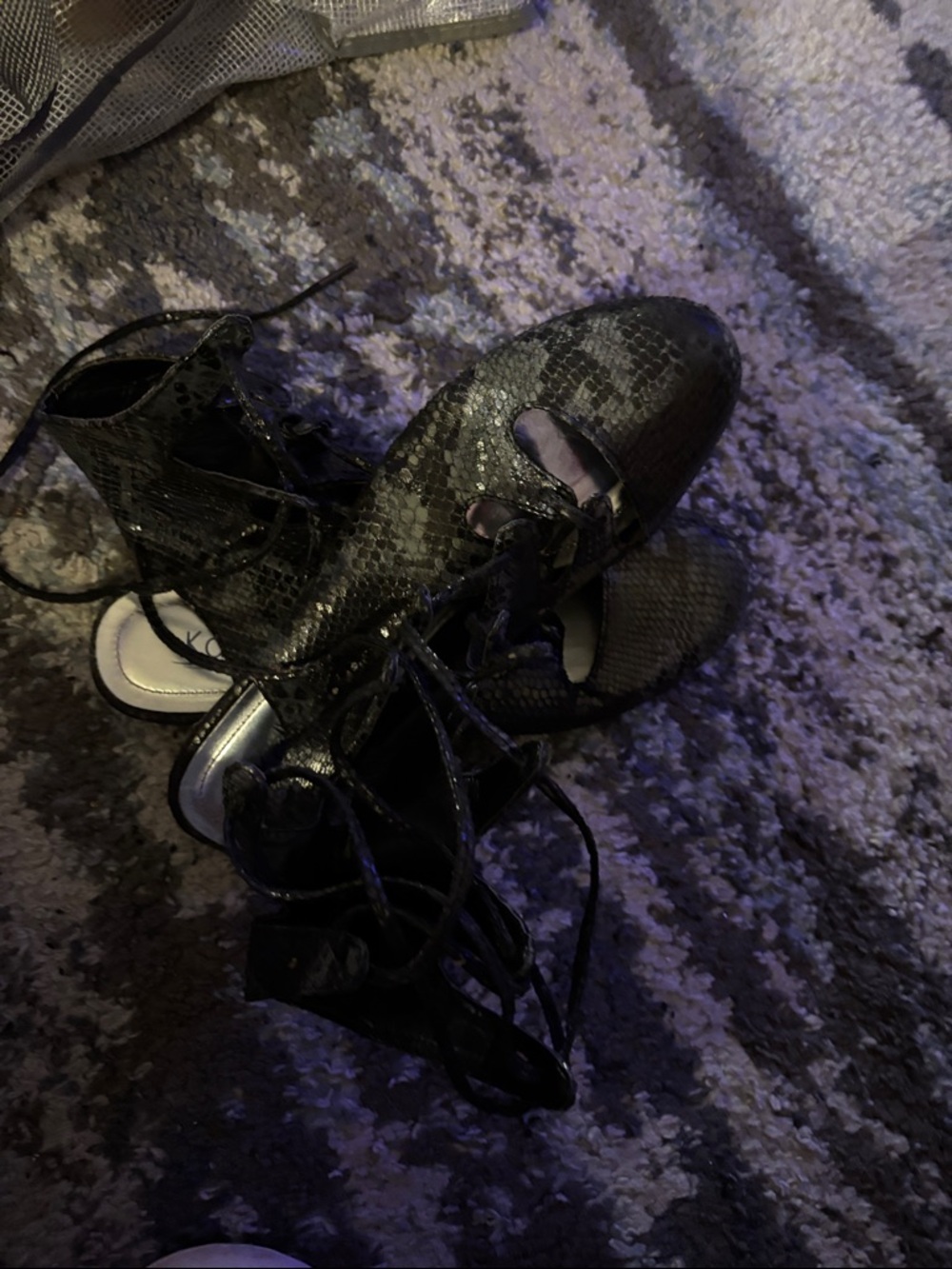 Black Lace-Up Snake-Texture Heeled Sandals